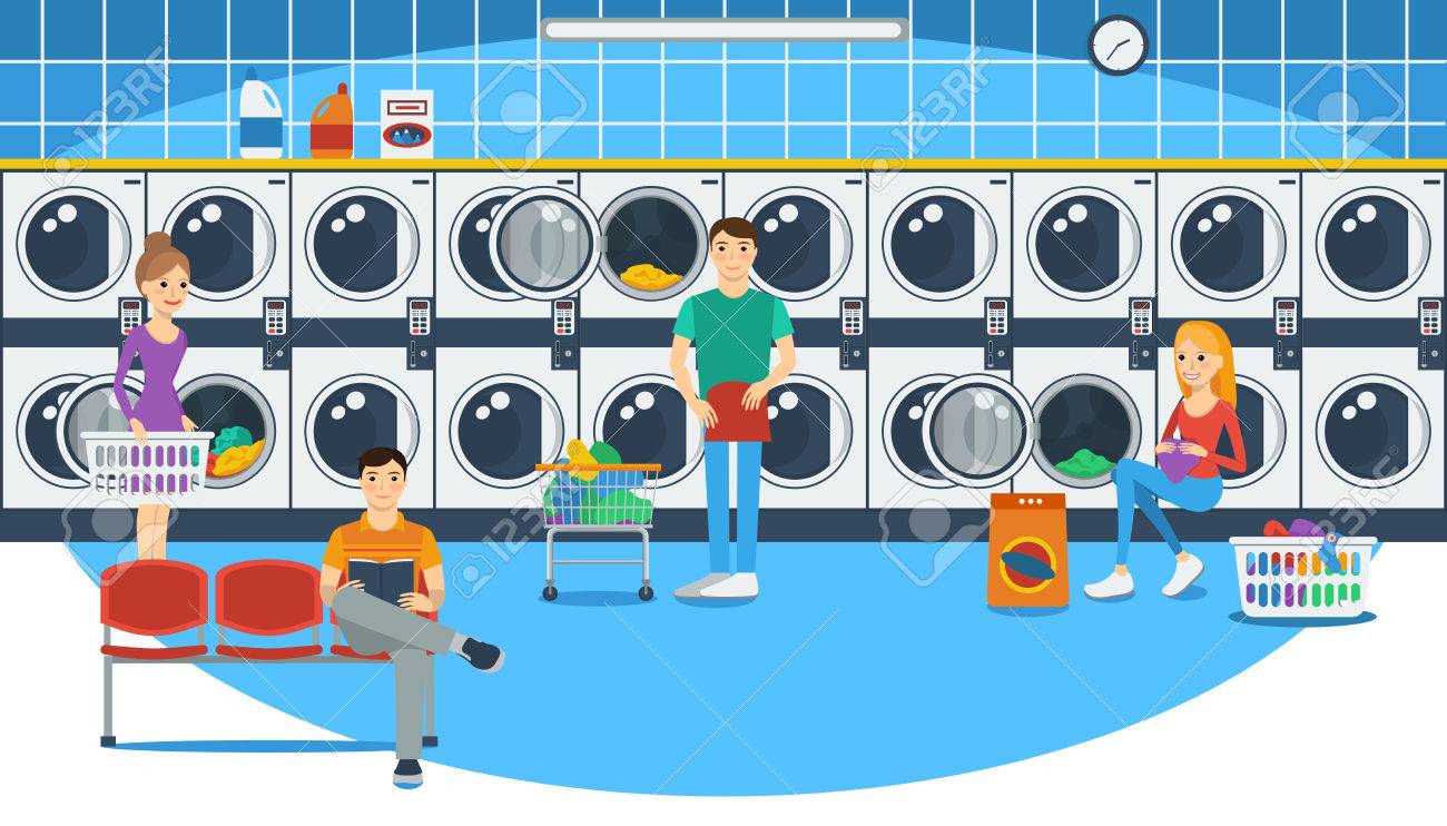 빨래방에있는 사람들의 벡터 일러스트 레이 션 로열티 무료 사진, 그림, 이미지 그리고 스톡포토그래피. Image 54539959