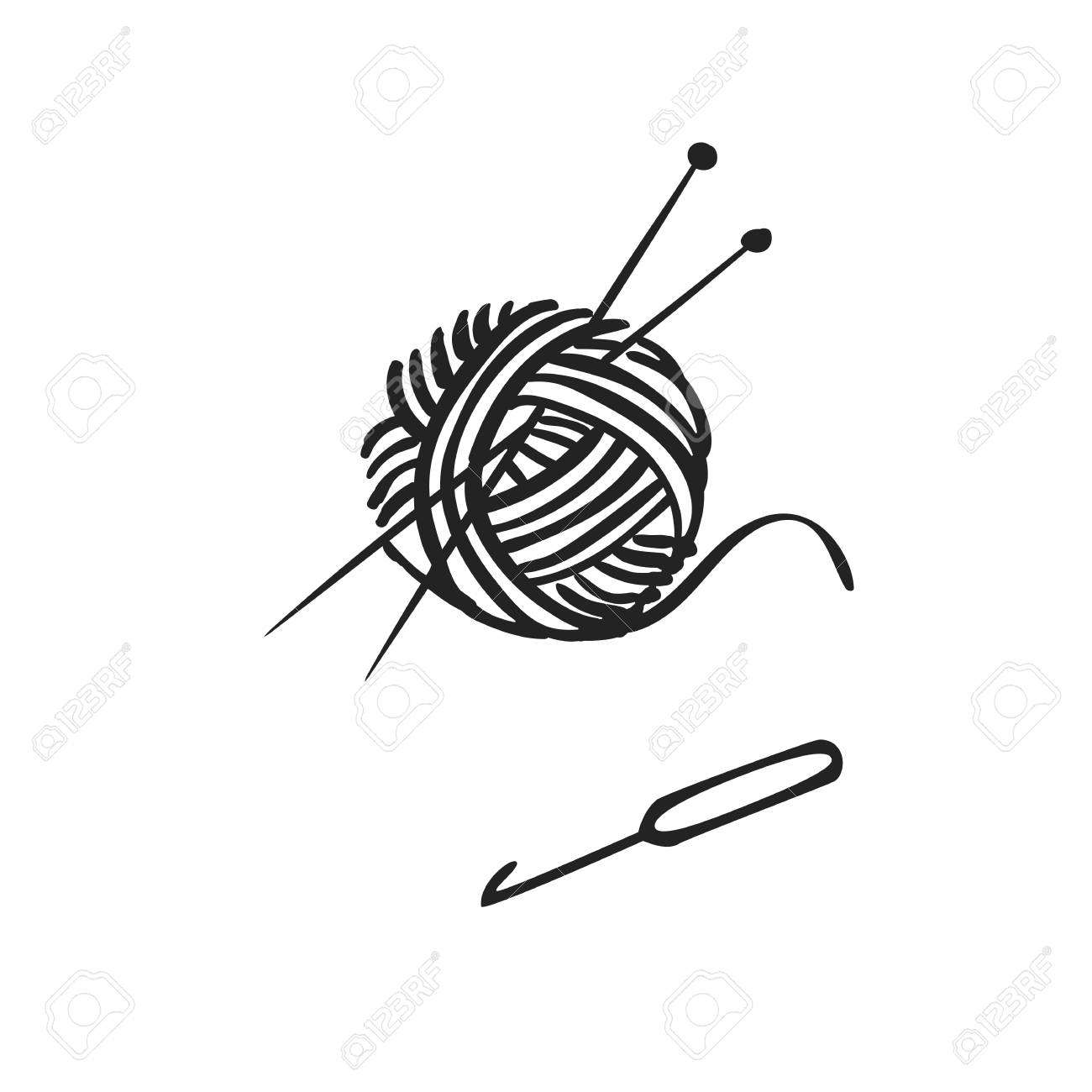 Vector Hand Drawn Icon Of Knitting With Ball Of Yarn Needles
