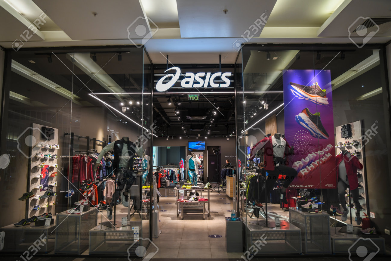 Skopje, North Macedonia - March 12, 2021: Asics store in Skopje, North Macedonia. Asics is a Japanese multinational company which produces footwear and sports equipment - 166241063 Skopje, North Macedonia - March 12, 2021: Asics store in Skopje, North Macedonia. Asics is a Japanese multinational company which produces footwear and sports equipment - 166241063