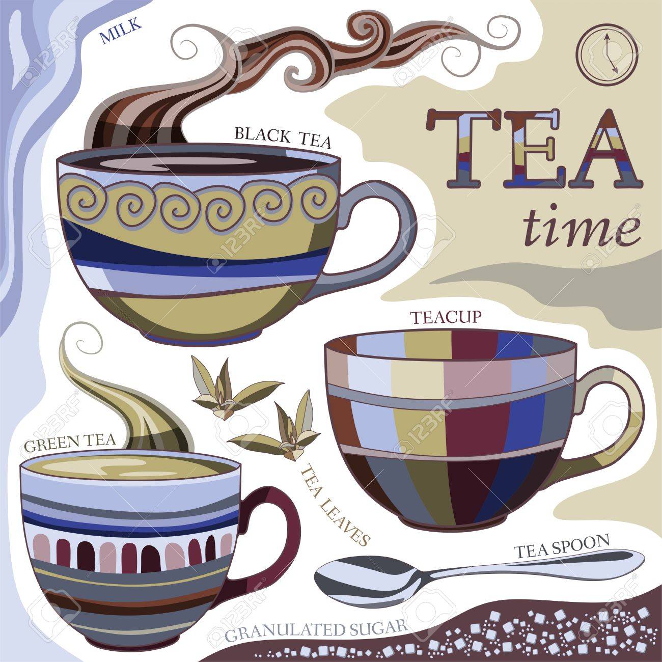 お茶の時間 香り豊かな紅茶 ティー スプーン 茶葉 ミルクと砂糖のカップとベクトル イラスト のイラスト素材 ベクタ Image