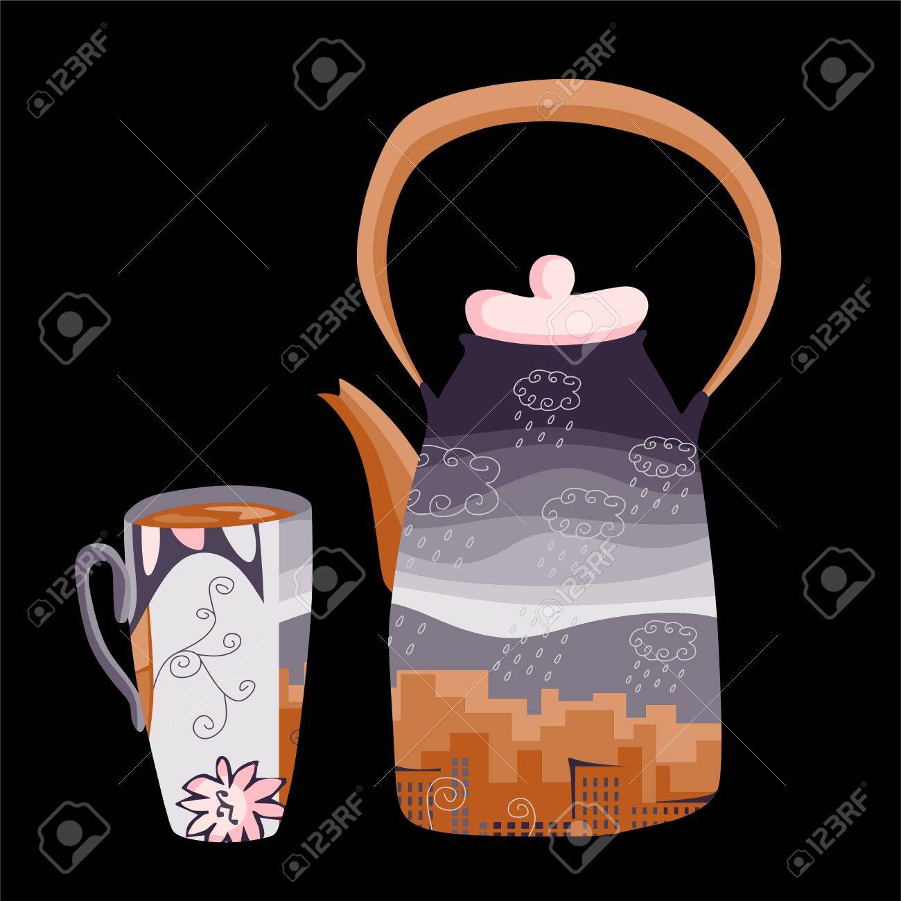 秋のティータイム ティーポットとティーカップが降って町の図面 黒の背景に美しいイラスト のイラスト素材 ベクタ Image
