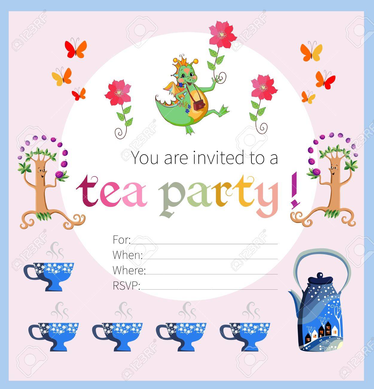 Tea Party Invitation For Kids. Card With Happy Dragon, Flowers And  Butterflies, Teapot And Cups. Teatime. Vector Template. Royalty Free SVG,  Cliparts, Vectors, and Stock Illustration. Image 55561959., image size:1251x1300