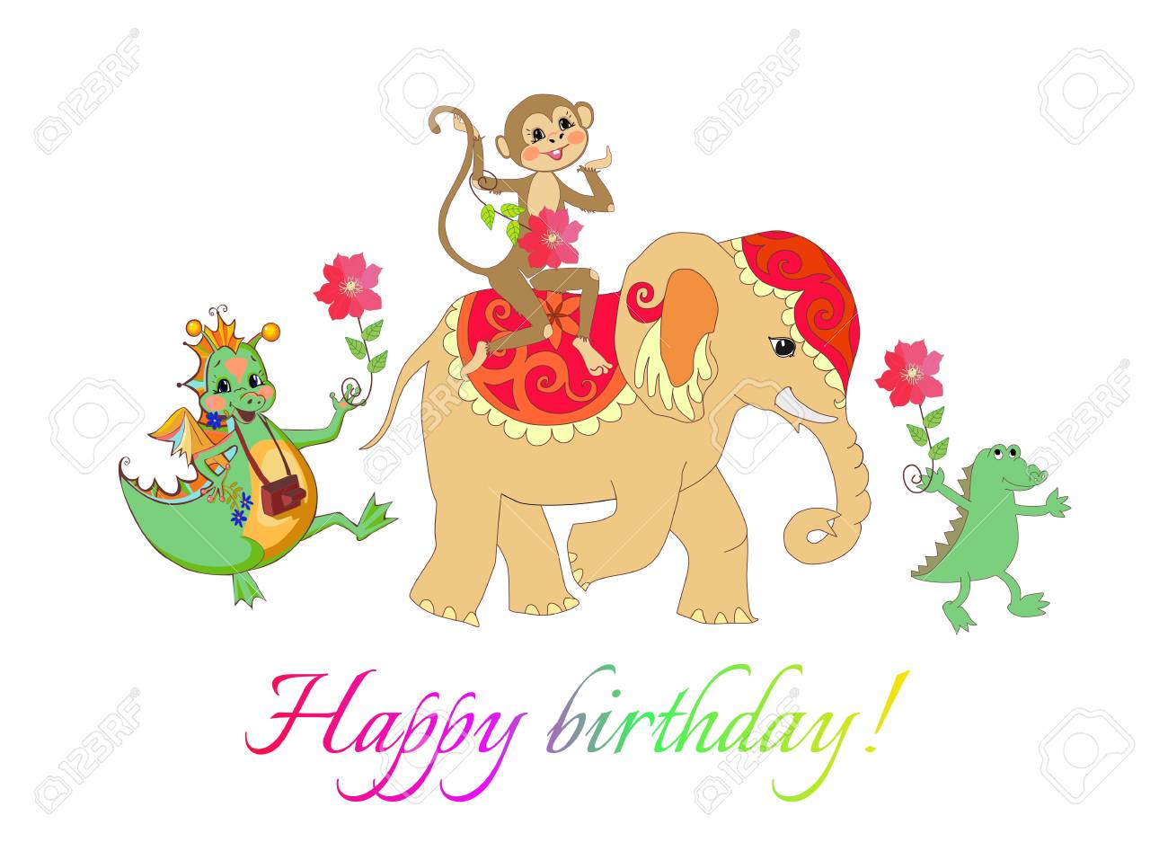 Carte De Joyeux Anniversaire Colore Mignon Avec Elephant Joyeux Crocodile Et Singe Clip Art Libres De Droits Vecteurs Et Illustration Image