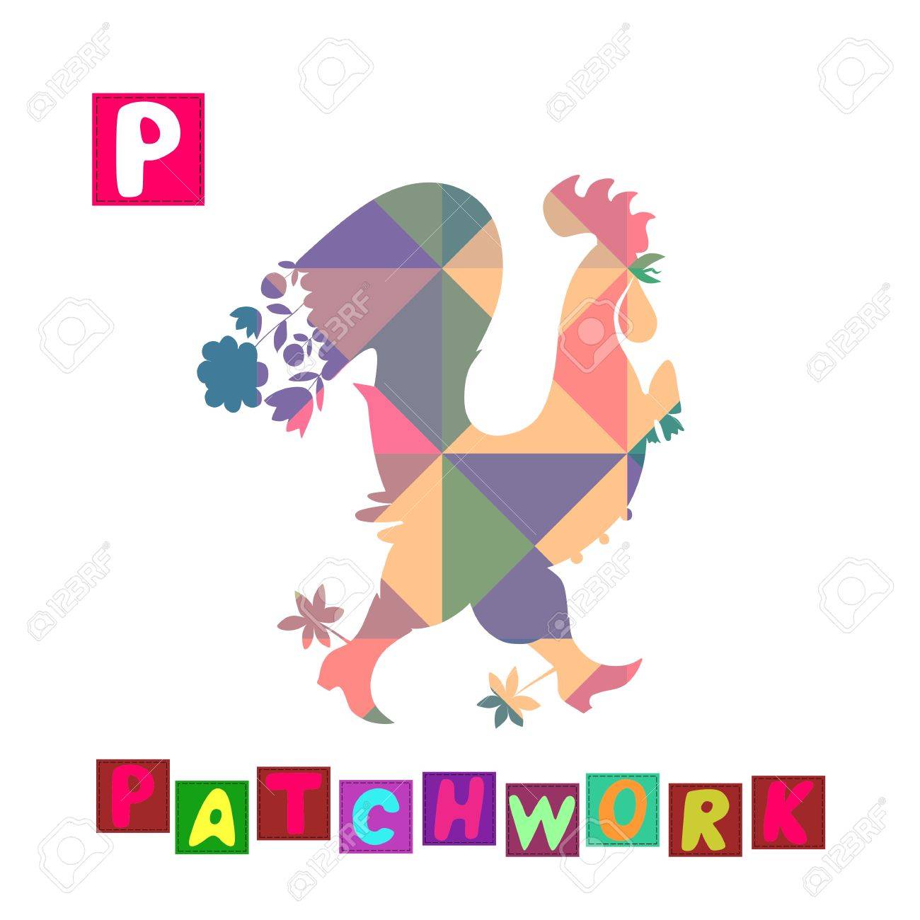 Año Del Gallo Dibujos Animados Alfabeto Inglés Lindo Color De La Imagen Y La Palabra Con Vector Abc Niños Letra P Remiendo