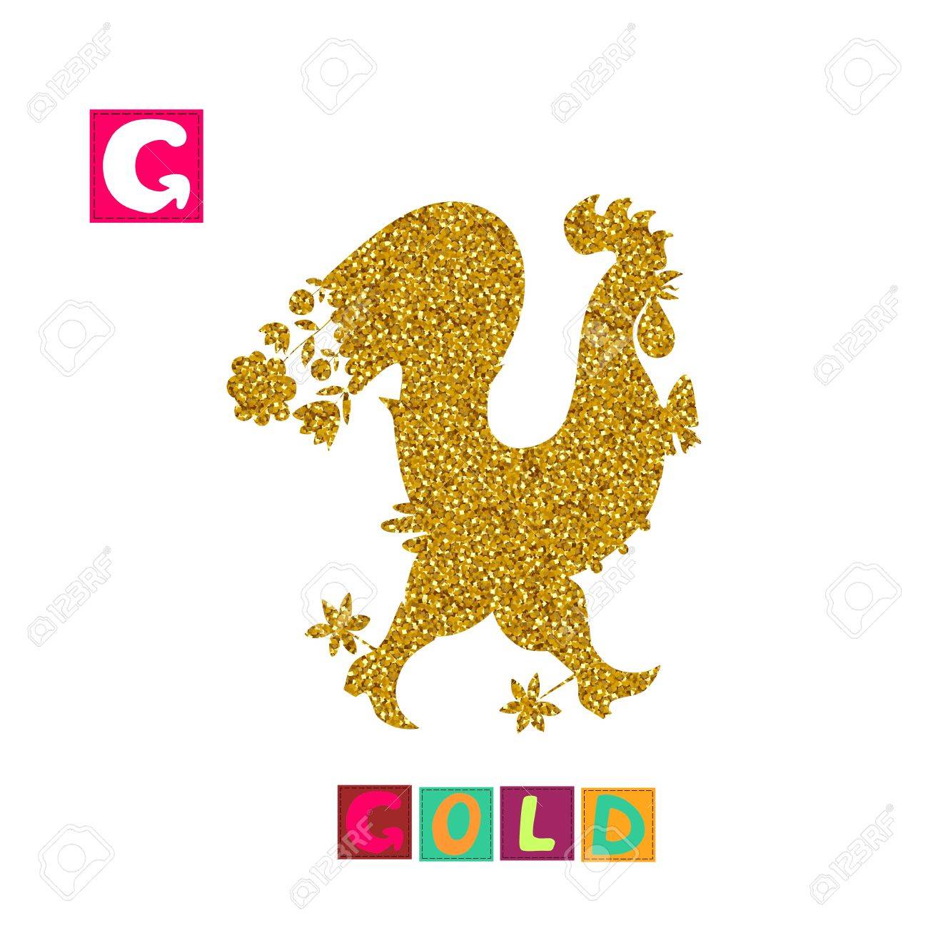 Año Del Gallo Dibujos Animados Alfabeto Inglés Lindo Color De La Imagen Y La Palabra Con Vector Abc Niños Letra G Gold