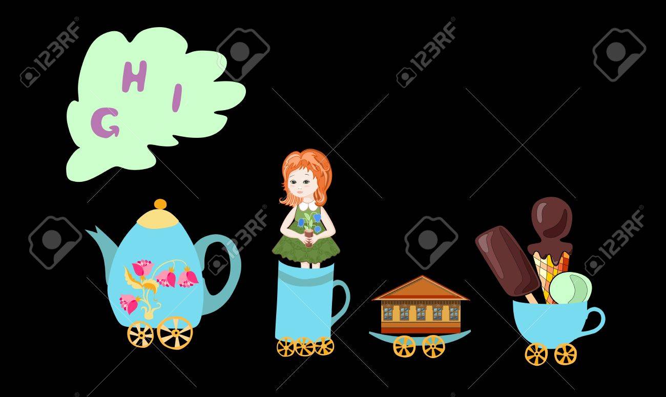 カラフルなイメージと英語のアルファベットをかわいい漫画 ティーポットとカップの鉄道 子供たちは Abc をベクトルします 文字の G H I 女の子 家 アイス クリームです のイラスト素材 ベクタ Image