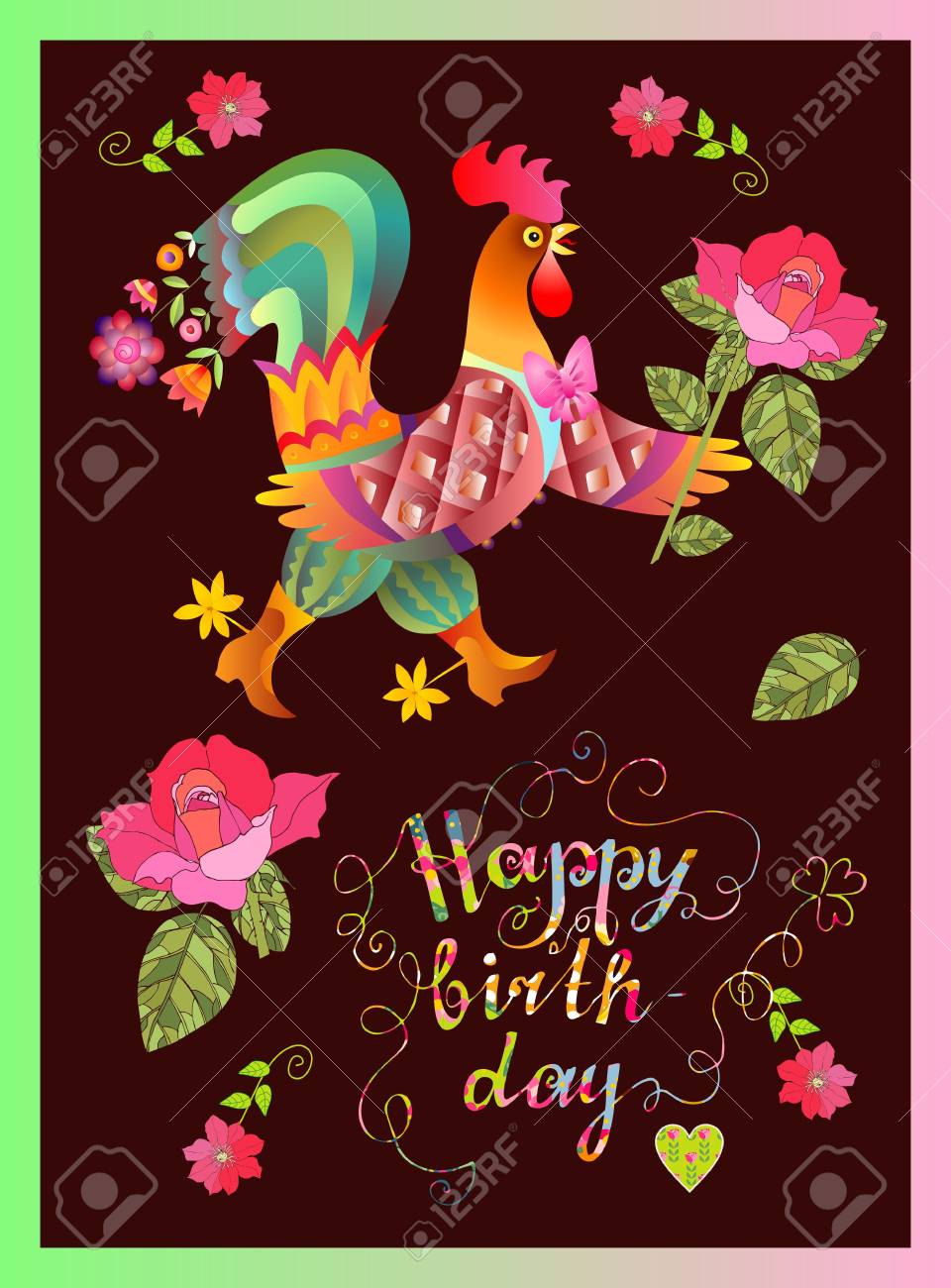 Carte De Joyeux Anniversaire Coloree Mignonne Avec Coq De Fee Fleurs Et Beau Lettrage Illustration Vectorielle Annee Du Coq 17 Clip Art Libres De Droits Vecteurs Et Illustration Image 6055