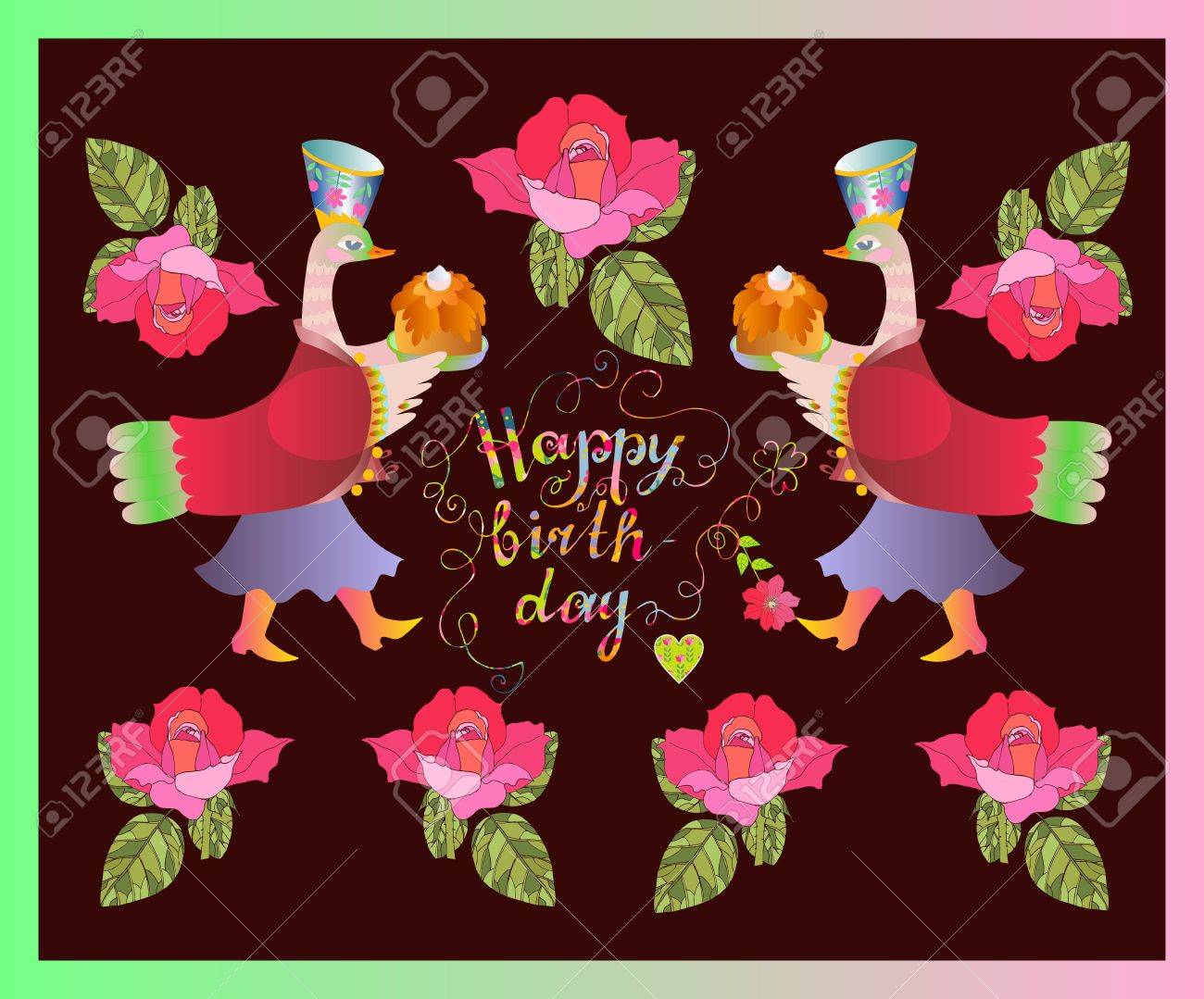 Colorful Mignon Carte D Anniversaire Heureuse Avec Des Canards De Fees Fleurs Et Beau Lettrage Vector Illustration Clip Art Libres De Droits Vecteurs Et Illustration Image