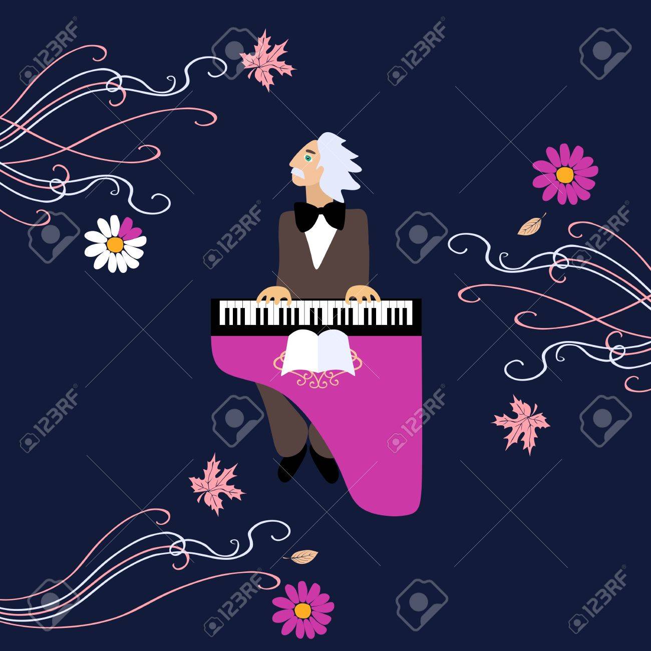 ノルウェーの作曲家エドヴァルド グリーグがピアノで彼の音楽を実行しました かわいい漫画のベクトル図です のイラスト素材 ベクタ Image