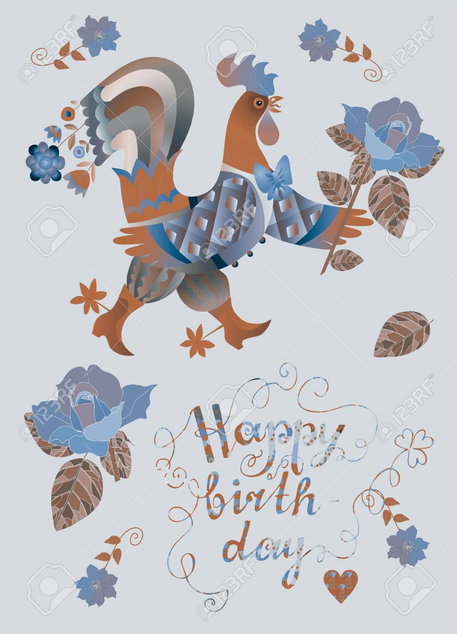 Carte De Joyeux Anniversaire Coloree Mignonne Avec Coq De Fee Fleurs Et Beau Lettrage Illustration Vectorielle Annee Du Coq 17 Banque D Images Et Photos Libres De Droits Image