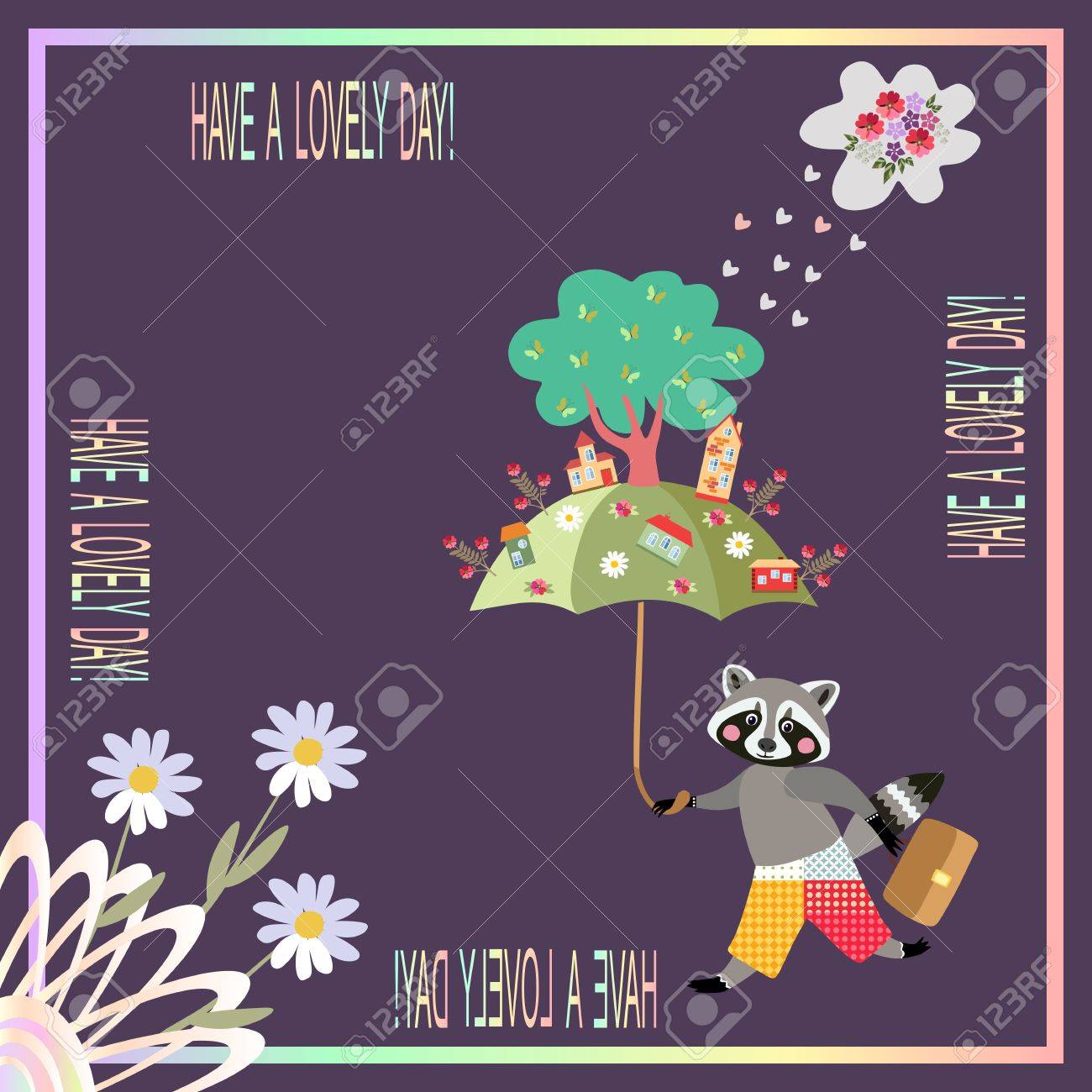 Hab Einen Schonen Tag Schone Karte Mit Niedlichen Waschbaren Regenschirm Und Magische Stadt Lizenzfrei Nutzbare Vektorgrafiken Clip Arts Illustrationen Image 67094076