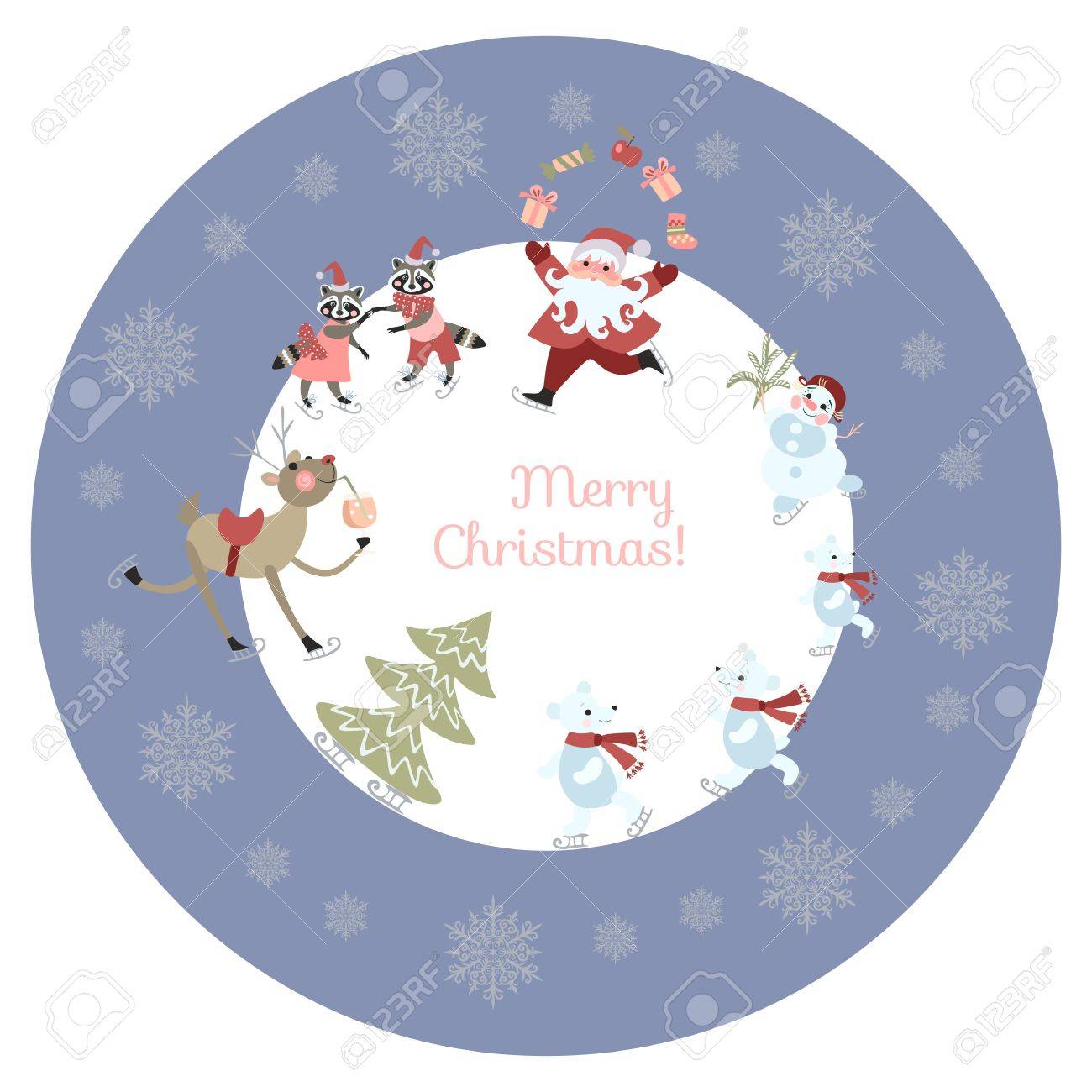 round greeting card or decorative plate merry christmas cute cartoon santa claus reindeer with - Merry Christmas Cute round greeting card or decorative plate merry christmas cute cartoon santa claus reindeer with - Merry Christmas Cute
