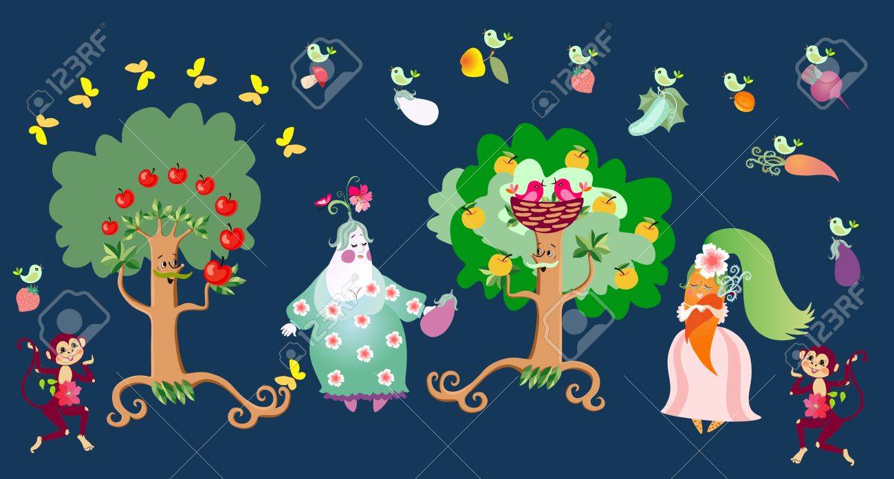Illustration De Conte De Fees Avec Des Personnages De Dessins Animes Mignons Pommiers Aubergines Carottes Oiseaux Et Singes Imprimer Pour Le Tissu Image Vectorielle Pour Les Enfants La Nourriture Vegetarienne Clip Art