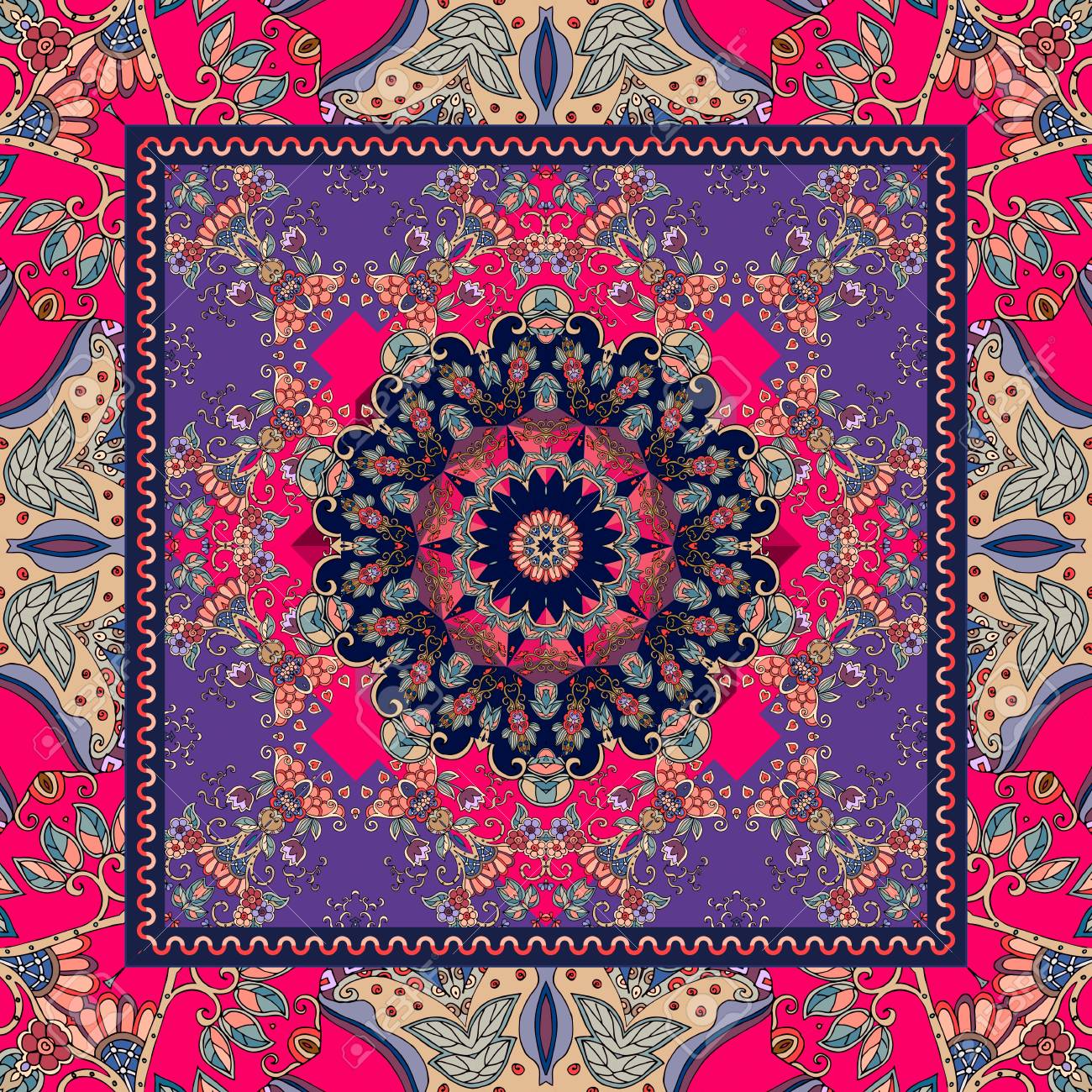 花のスカーフ デザインを詳しく説明します 花曼荼羅と装飾的なフレーム クッション 毛布 敷物 の写真素材 画像素材 Image