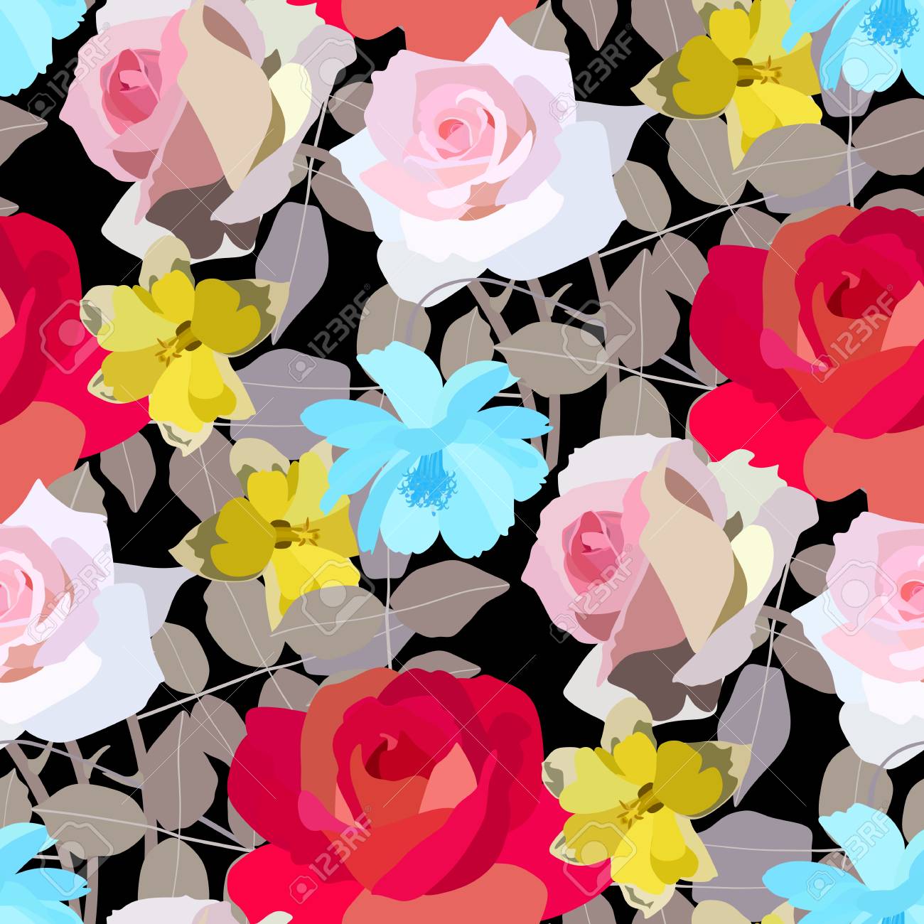 綺麗なバラ 水仙の花 コスモスの花模様 ベクトルの図 のイラスト素材 ベクタ Image