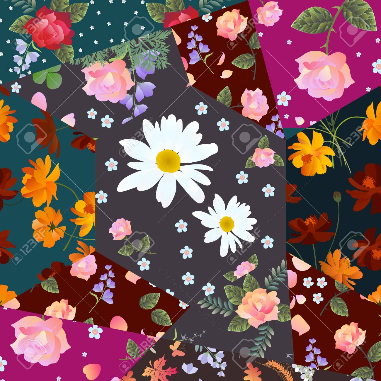 コスモス バラ デイジー ベルの花を持つ美しいパッチワーク パターン の写真素材 画像素材 Image