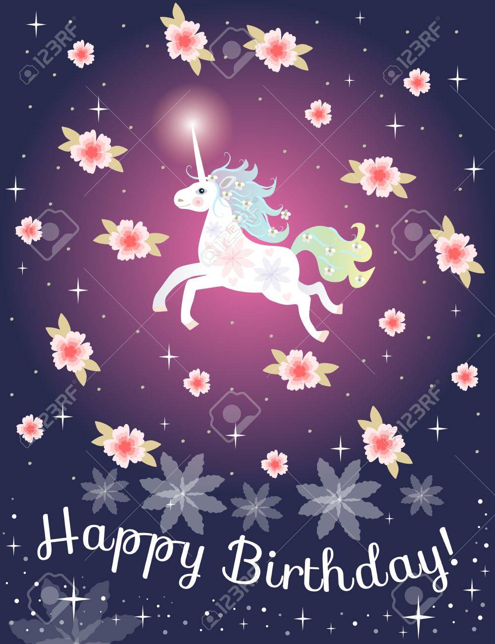 Carte De Voeux Joyeux Anniversaire Avec Licorne Mignonne Et Fleurs Roses Sur Fond De Pois Modele Vectoriel Clip Art Libres De Droits Vecteurs Et Illustration Image