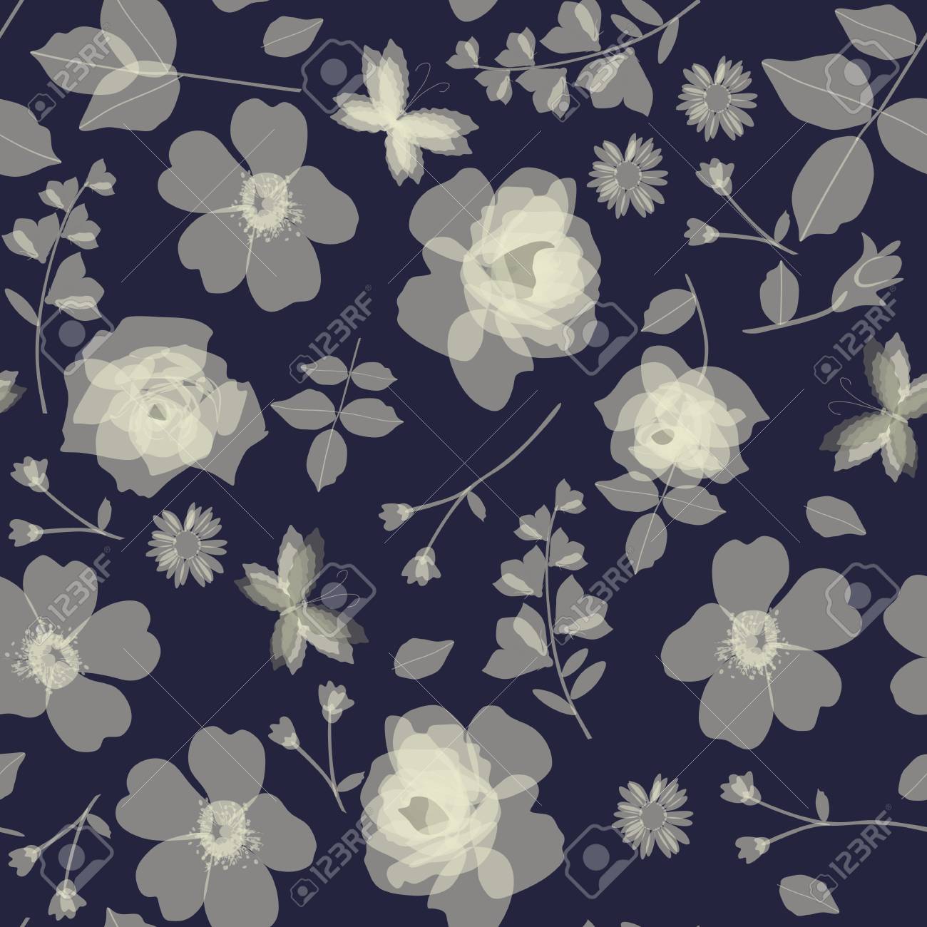 透明の野生のバラの花 葉と蝶と抽象的な植物のパターン シームレスなベクトルの背景 のイラスト素材 ベクタ Image