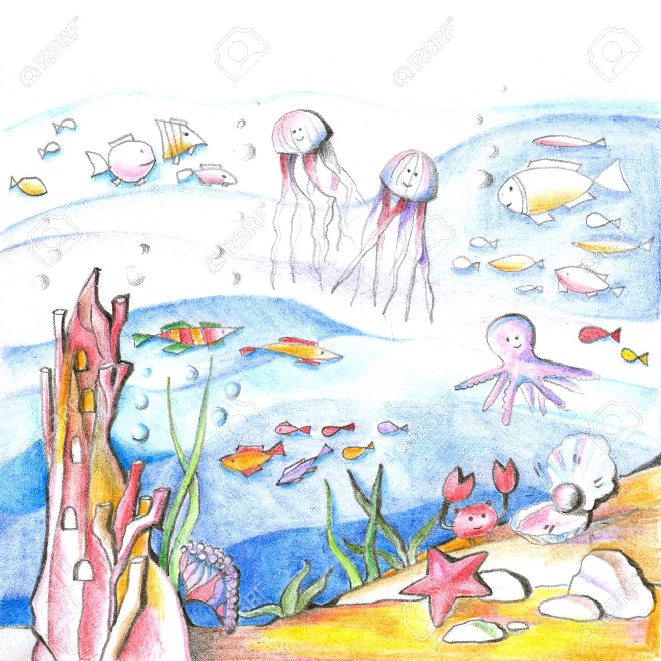 神秘的な海底の世界 子供のためを色鉛筆で描きます の写真素材 画像素材 Image