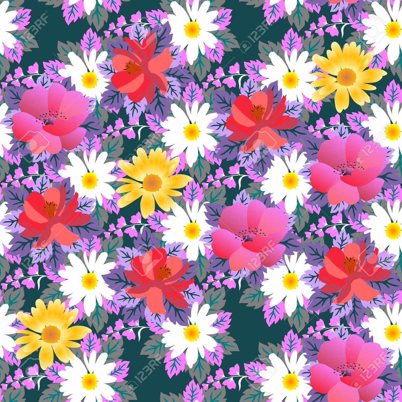 seamless floral pattern with different type of flowers in vector