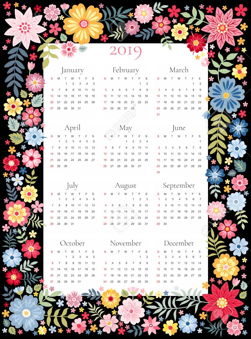 calendar for 2019 year vector template in floral frame with 2019 year calendar cute