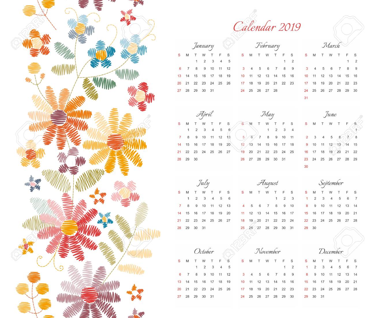 cute calendar for 2019 year week starts on sunday vector template 2019 year calendar cute