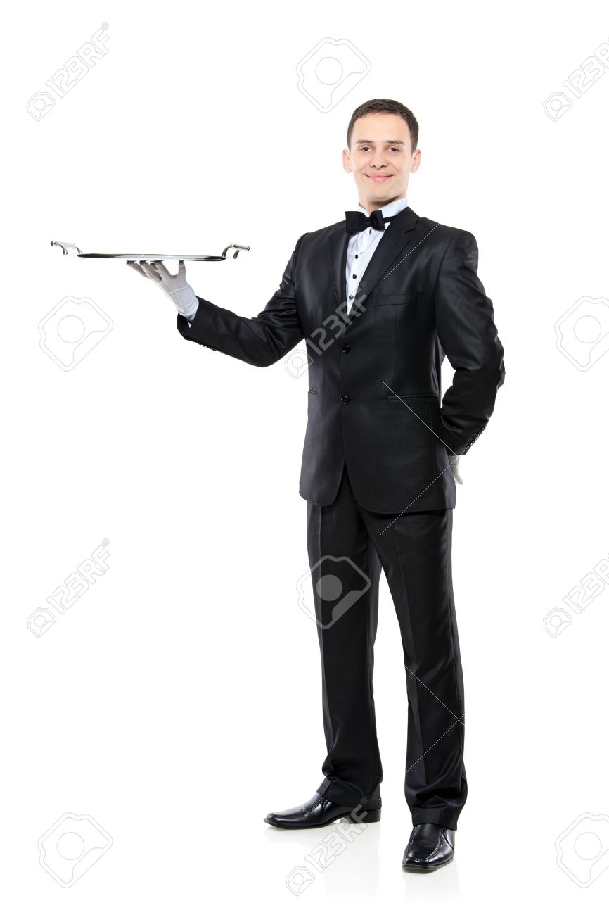 Young person in a suit holding an empty tray isolated on white background - 6269307 Young person in a suit holding an empty tray isolated on white background - 6269307