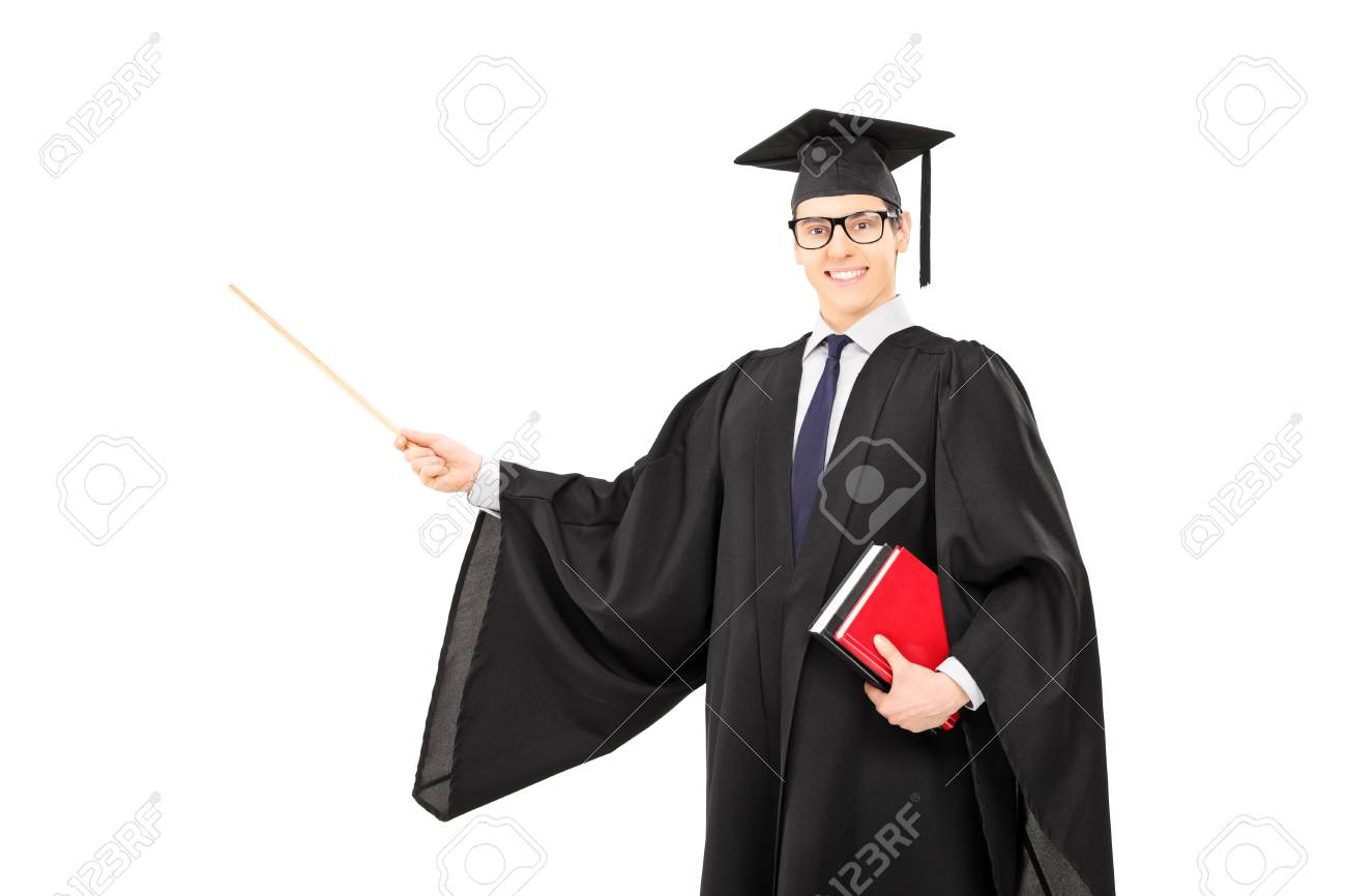 young male college graduate holding books and pointing with wooden