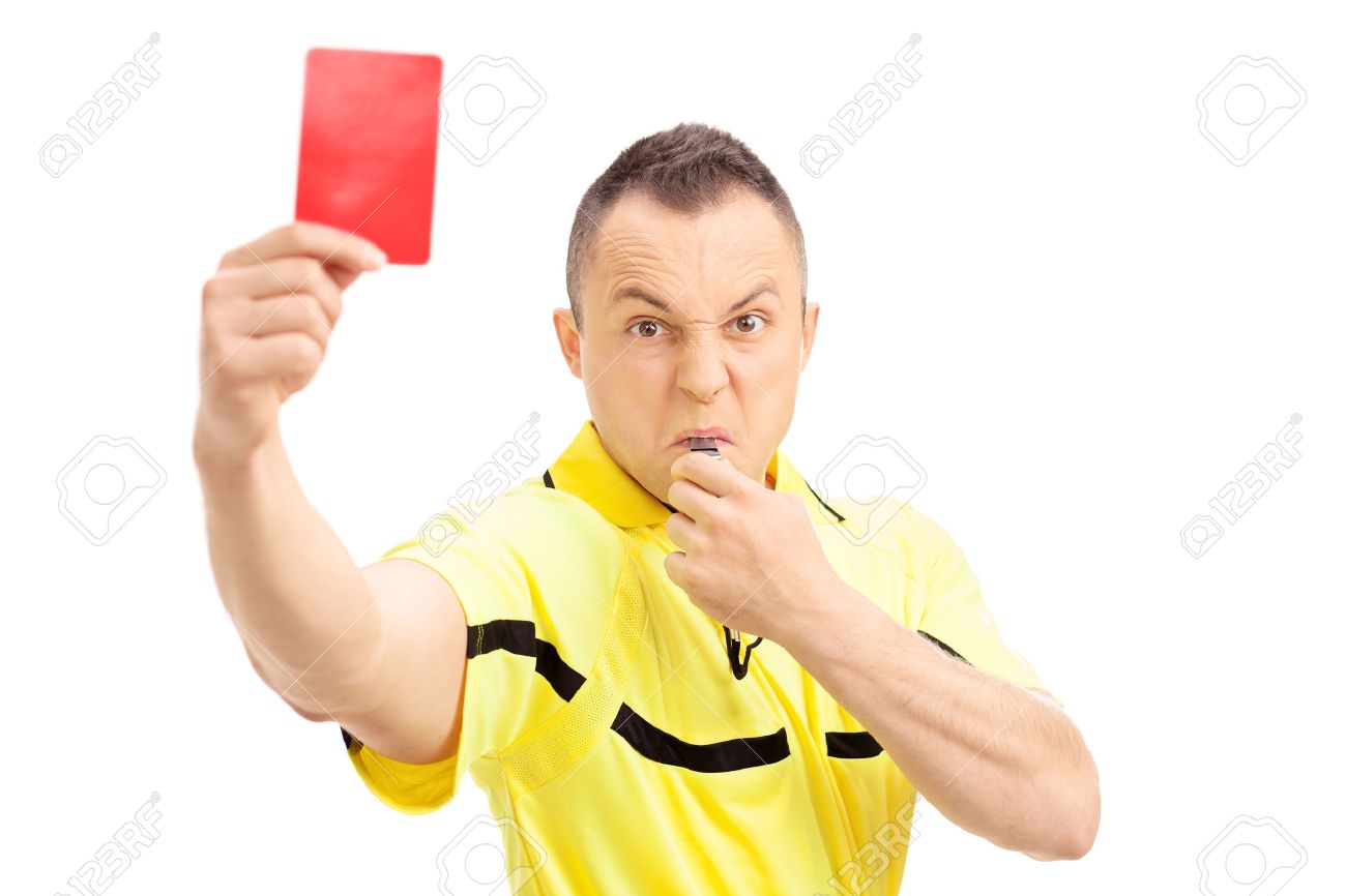 Furious football referee showing a red card and blowing a whistle isolated on white background - 39282145 Furious football referee showing a red card and blowing a whistle isolated on white background - 39282145