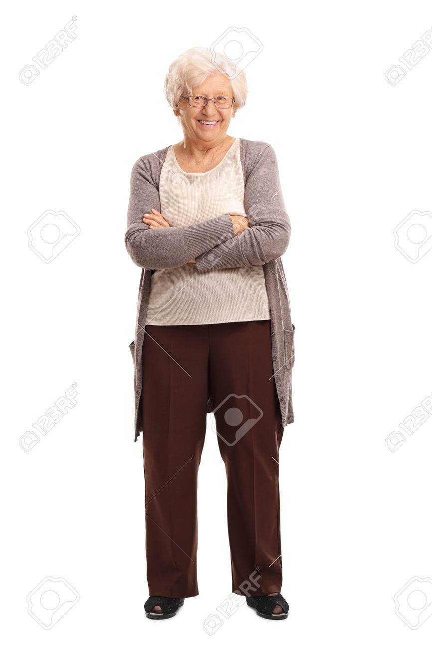 Portrait Complet D Une Personne Agee De Contenu Souriant Et Regardant La Camera Isole Sur Fond Blanc Banque D Images Et Photos Libres De Droits Image