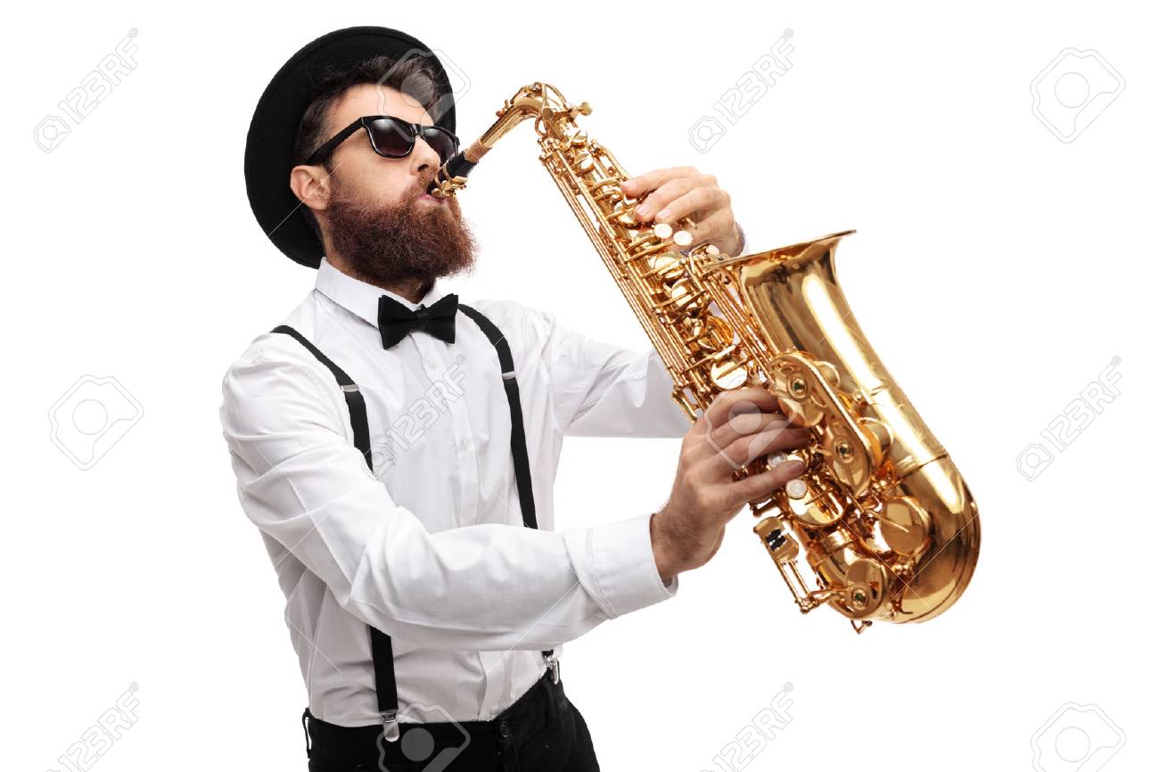 Bearded man playing a saxophone isolated on white background - 78661211 Bearded man playing a saxophone isolated on white background - 78661211