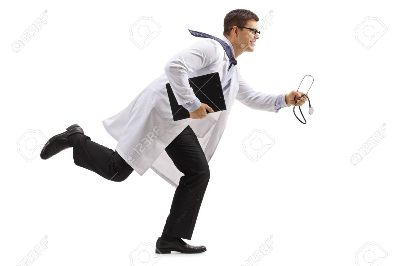 Full length profile shot of a doctor with a clipboard and a stethoscope running isolated on white background - 93688186 Full length profile shot of a doctor with a clipboard and a stethoscope running isolated on white background - 93688186