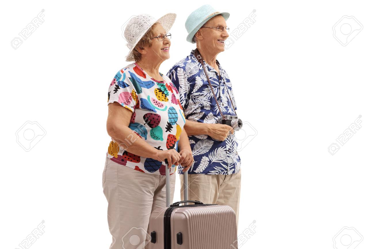 Elderly tourists with a suitcase isolated on white background - 95755037 Elderly tourists with a suitcase isolated on white background - 95755037