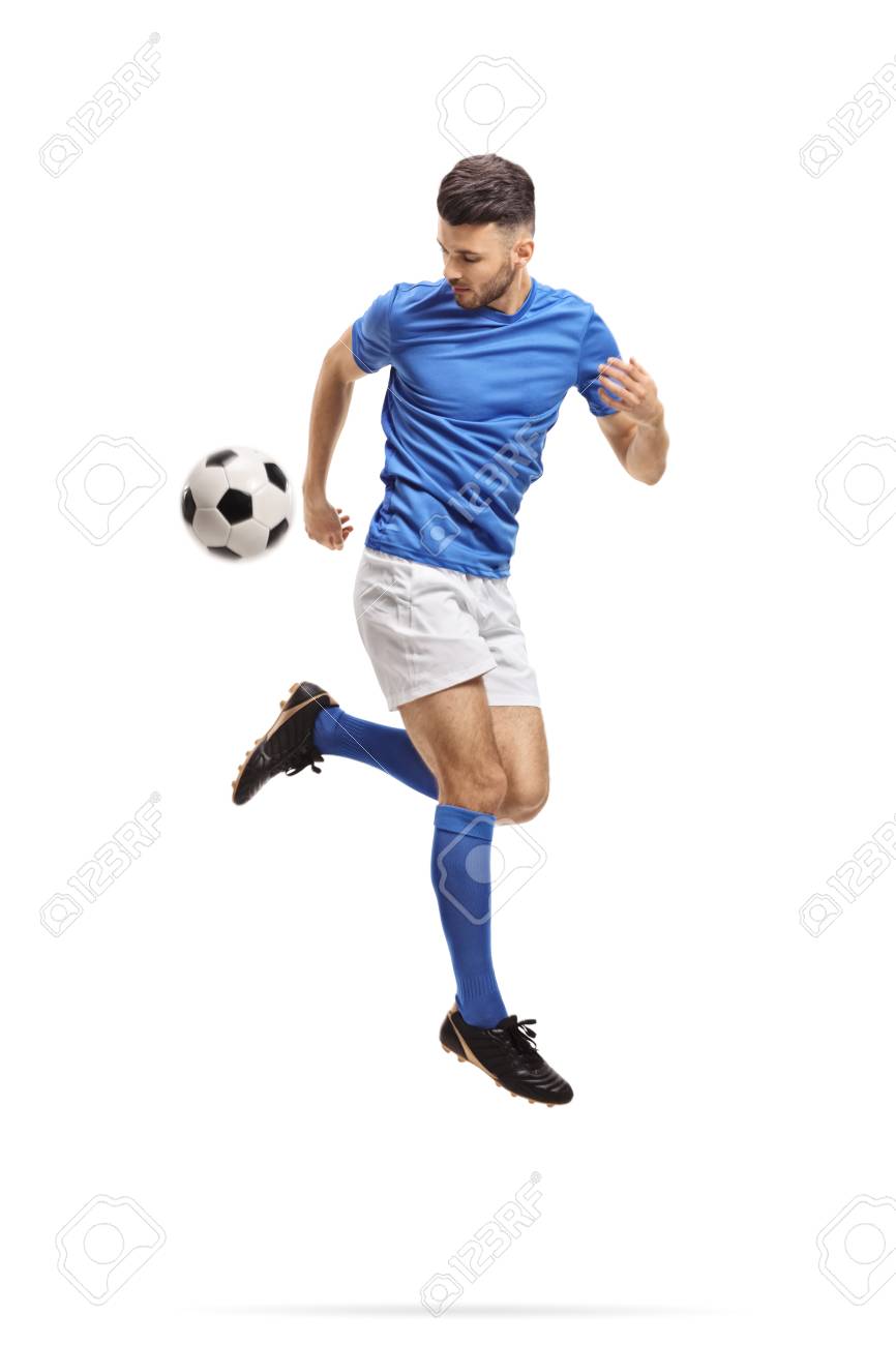 Fussballspieler Der Einen Trick Mit Einem Fussball In Der Luft Lokalisiert Auf Weissem Hintergrund Durchfuhrt Lizenzfreie Fotos Bilder Und Stock Fotografie Image 98113008