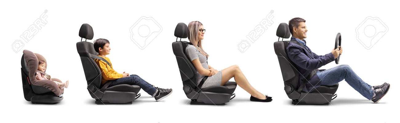 Full length profile shot of a father, mother, boy and baby in car seats with a fastened seat belt simulating a car ride isolated on white background - 117124667 Full length profile shot of a father, mother, boy and baby in car seats with a fastened seat belt simulating a car ride isolated on white background - 117124667