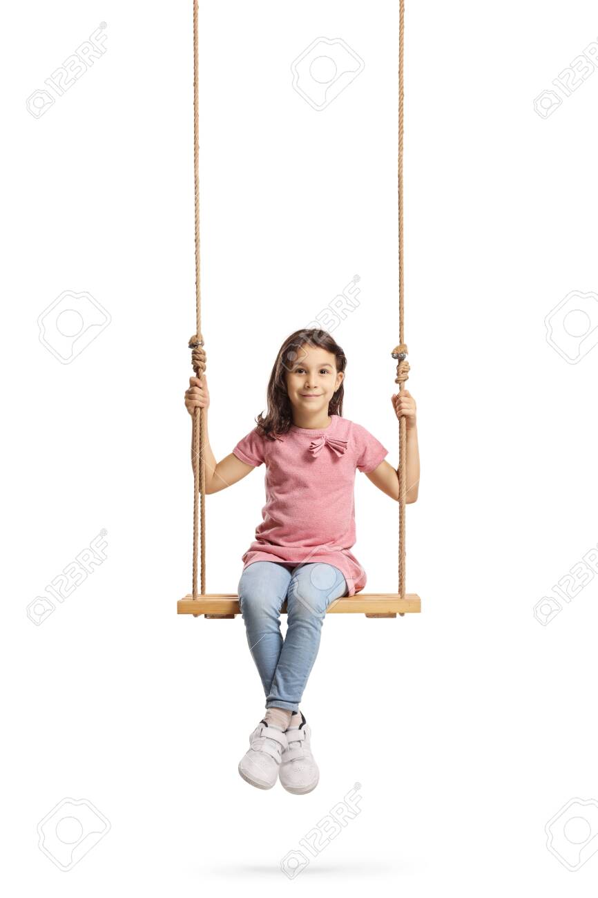 Full length portrait of a happy little girl sitting on a wooden swing isolated on white - 131719847 Full length portrait of a happy little girl sitting on a wooden swing isolated on white - 131719847