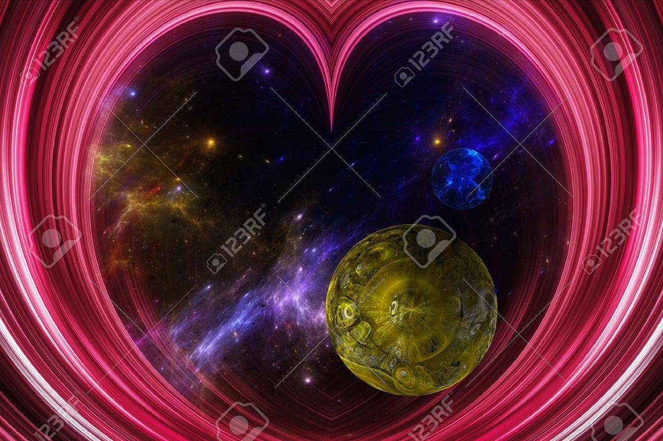 ピンクのハートの形の中で宇宙の抽象的なビューのイラスト の写真素材 画像素材 Image