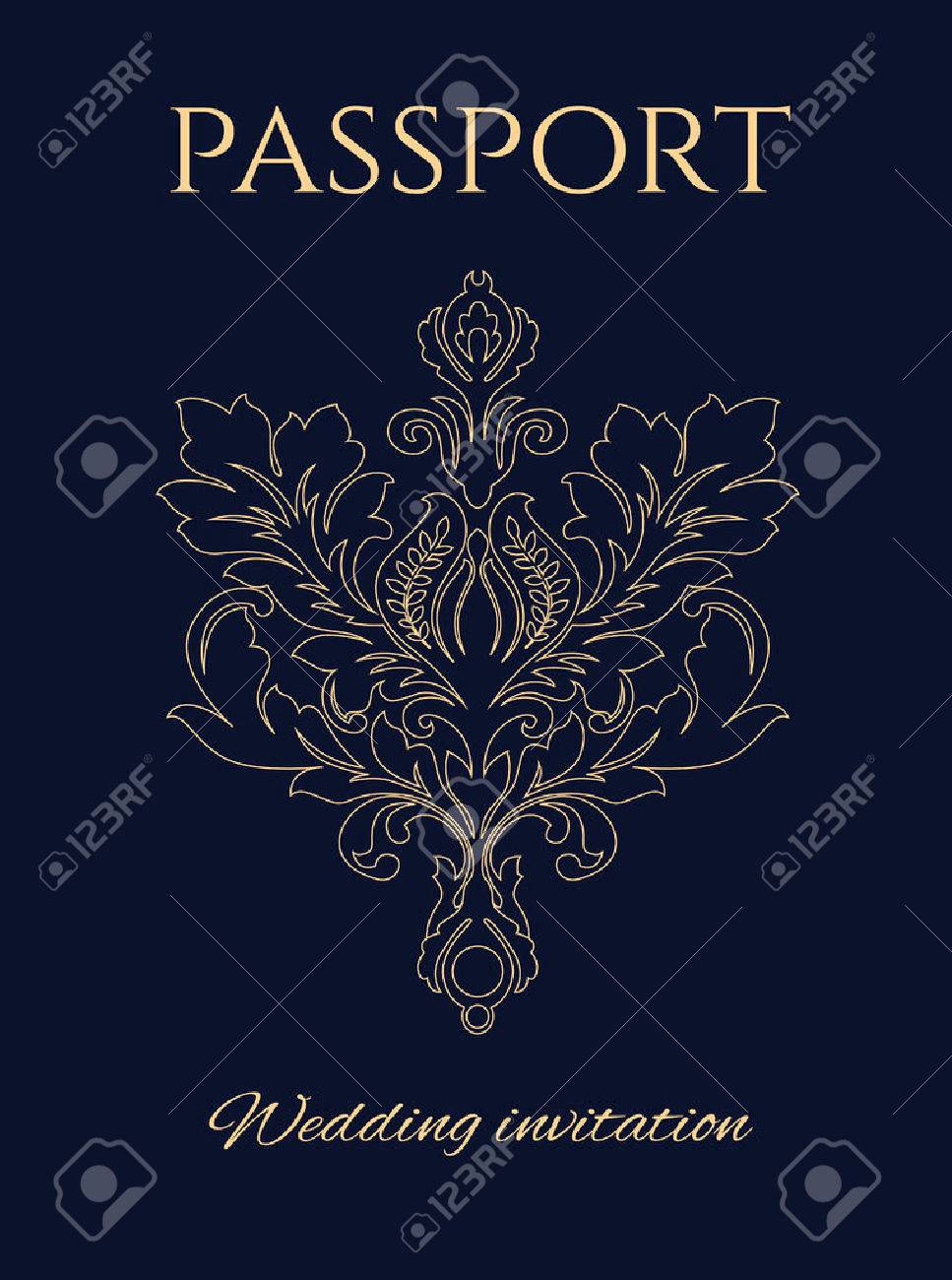 Wedding invitation passport, a copy of official USA passport with a flower ornament instead of US eagle seal. - 44063975 Wedding invitation passport, a copy of official USA passport with a flower ornament instead of US eagle seal. - 44063975