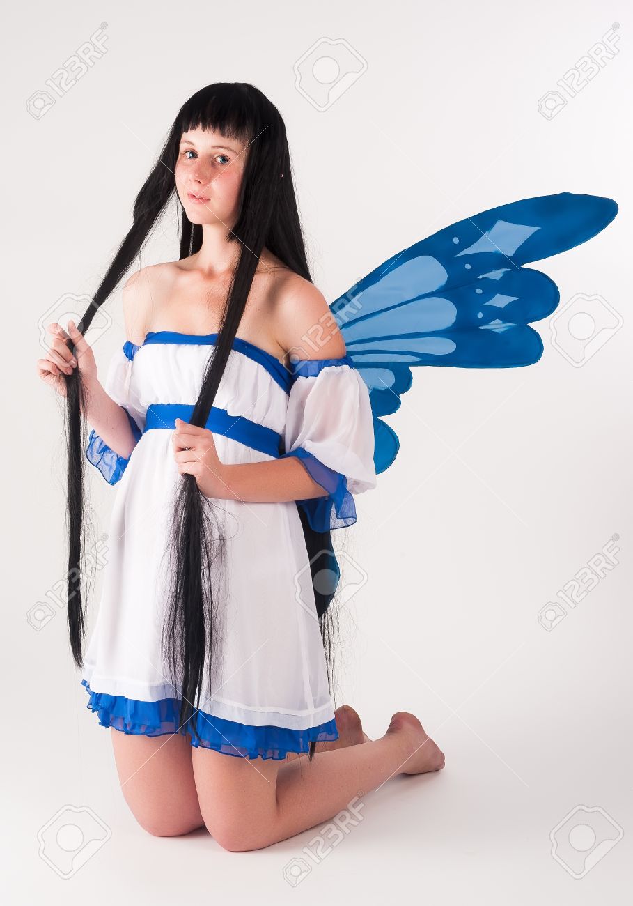 Beautiful Anime Girl With Long Hair And Wings At White Background