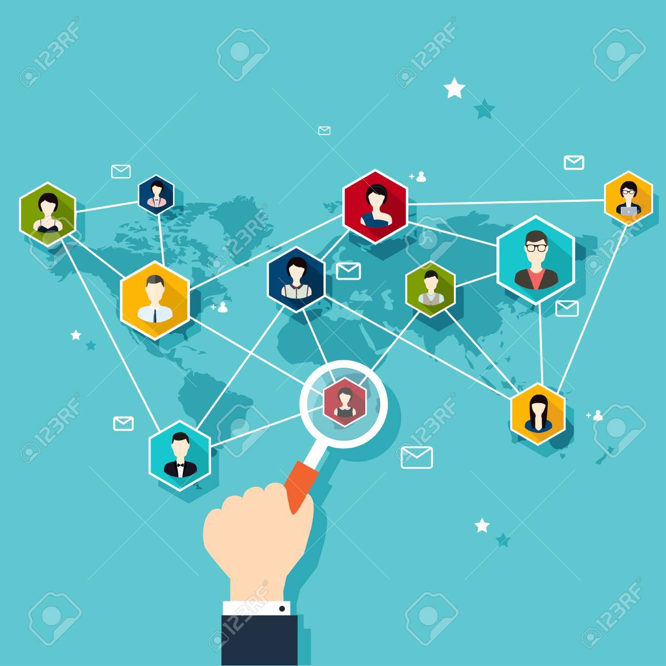 社会的ネットワークのベクトルの概念 ルーペと人間の手で Web サイト