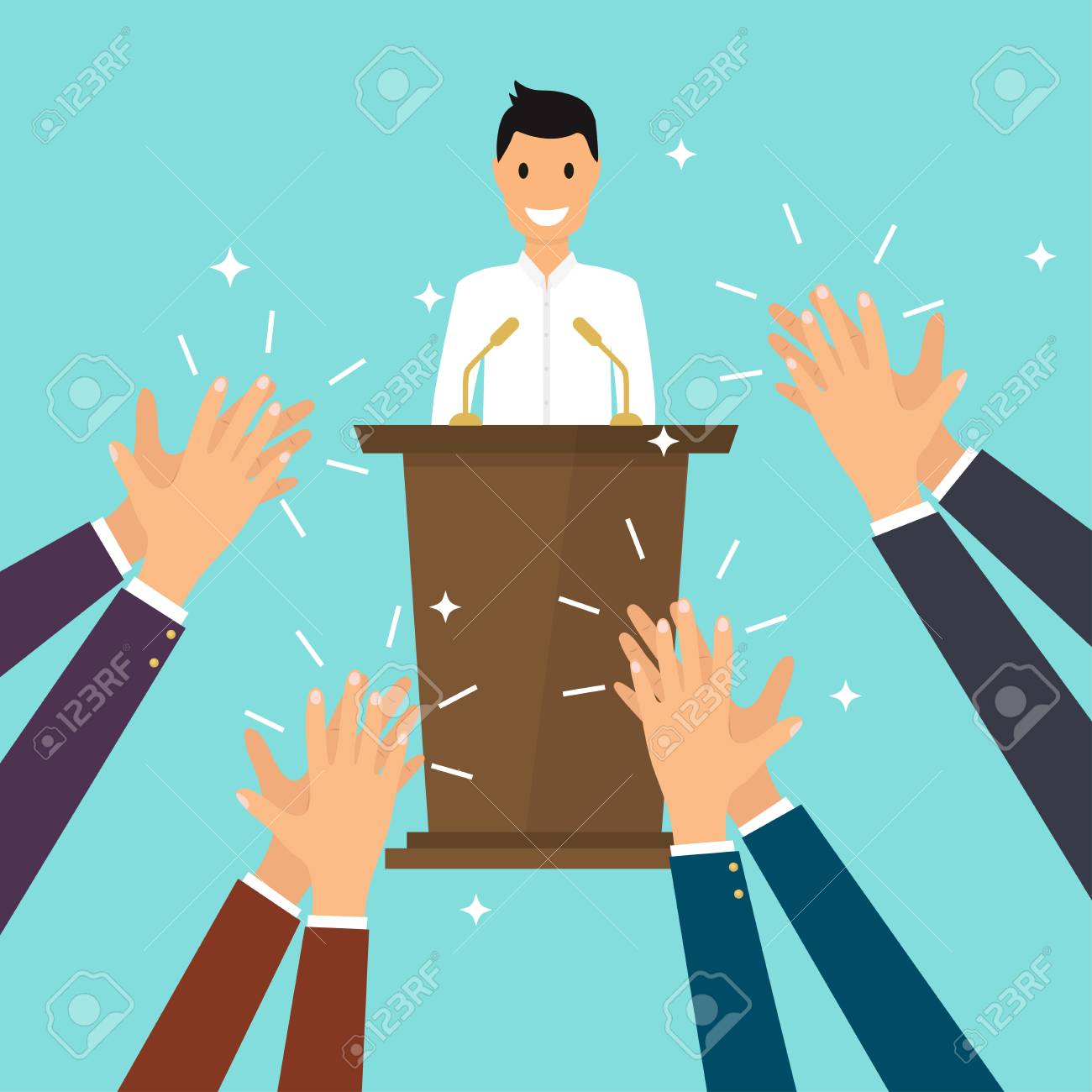 Success in business. Man giving a speech on stage. Human hands clapping. Flat design modern vector illustration concept. - 85649262 Success in business. Man giving a speech on stage. Human hands clapping. Flat design modern vector illustration concept. - 85649262