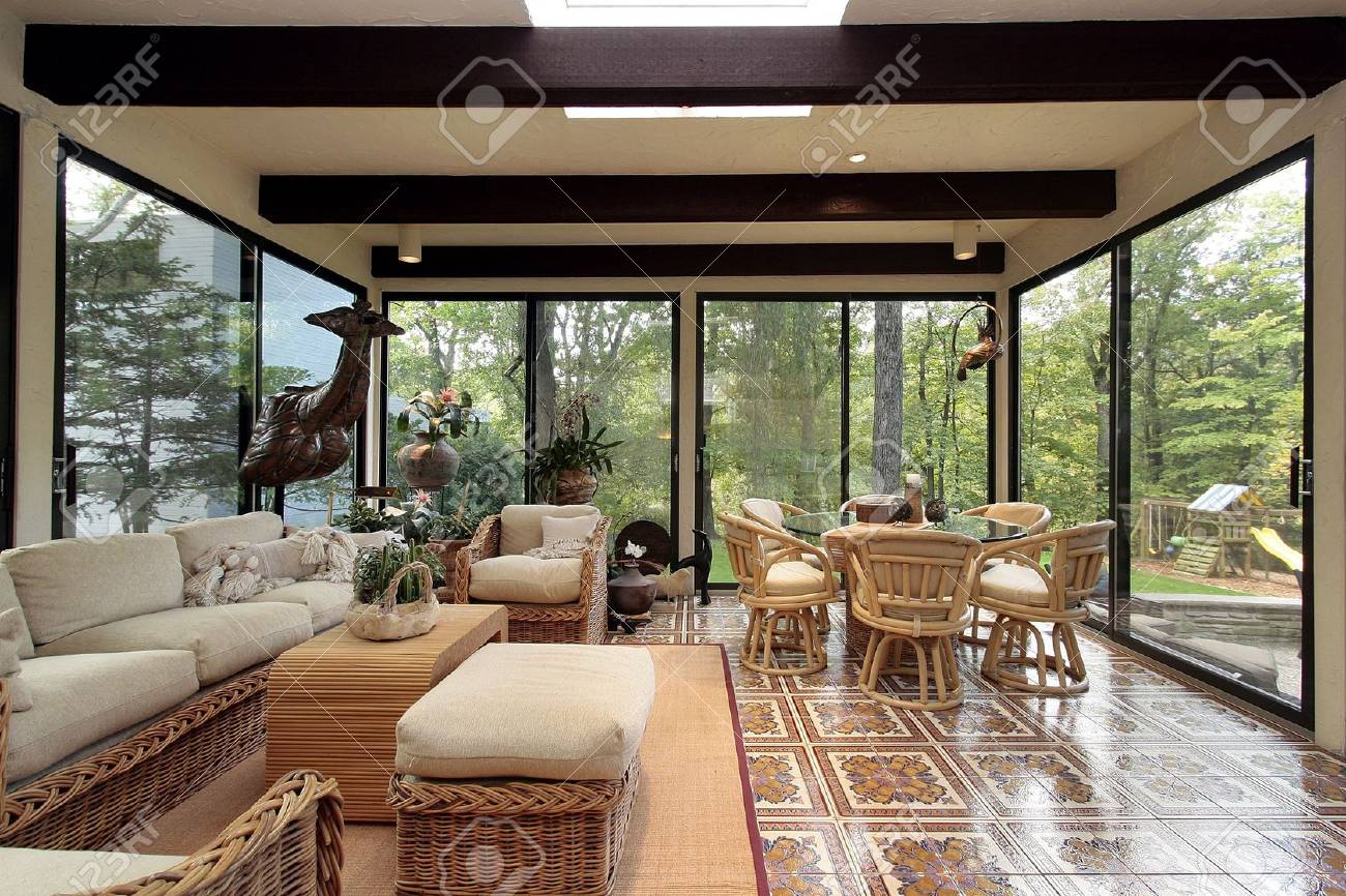 Sunroom In Luxury Home With Patterned Tile Stock Photo Picture