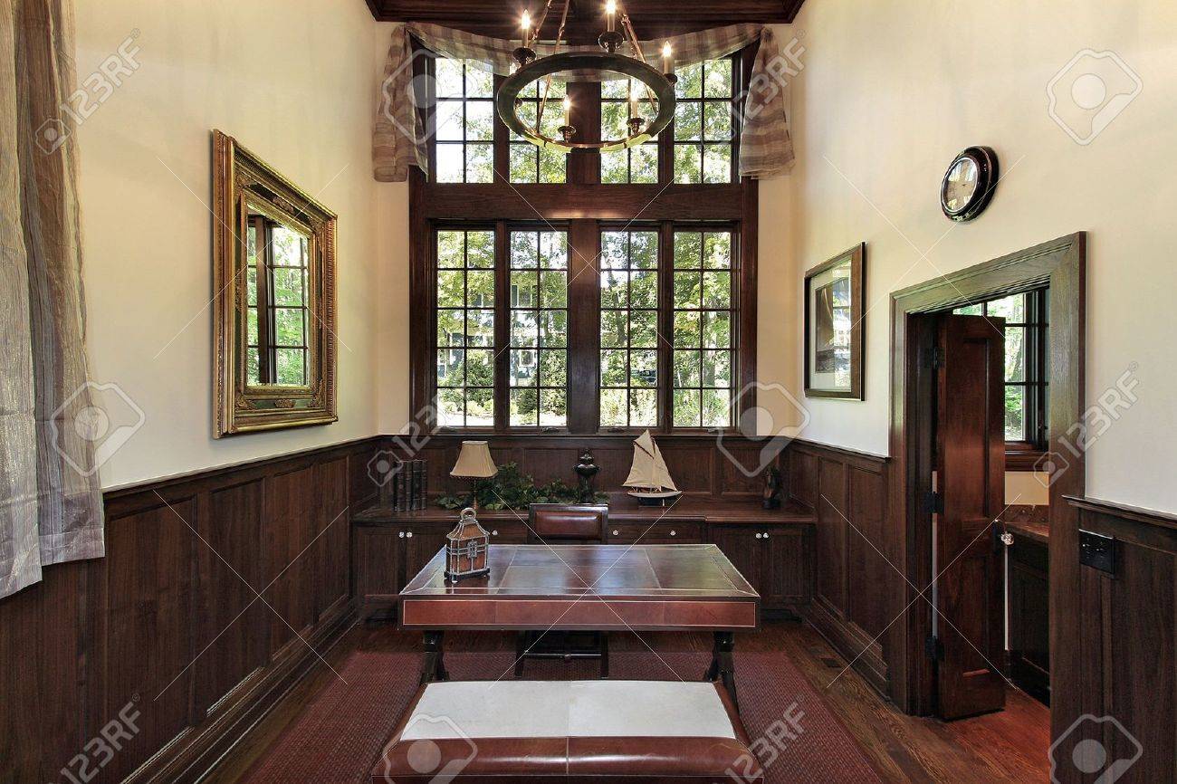 office paneling. office in luxury home with dark wood paneling stock photo 6740294