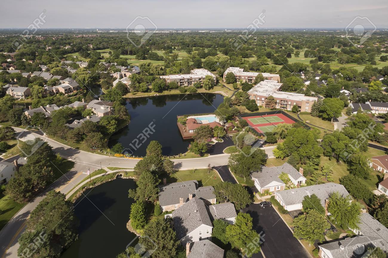 aerial view of suburban community stock photo 76409492