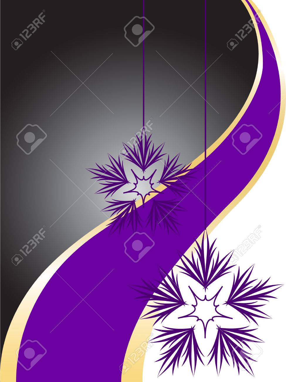 asymmetrical black and white background with snowflakes and a black and purple ribbon