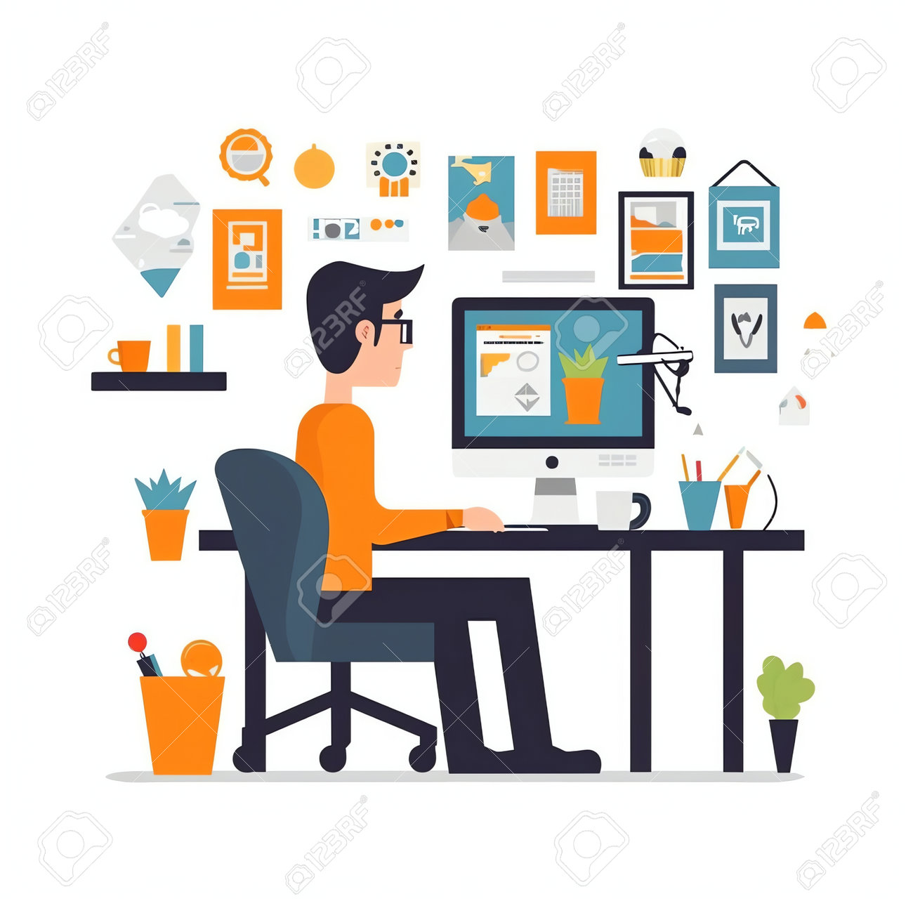 Illustrations With Flat Cartoon Characters Working In Office, Co-working  Space Or Remotely At Home, Freelance, Self-employment. People Work At  Computers And Laptops In Modern Interior. Stock Photo, Picture and Royalty  Free Image., image size:1300x1300