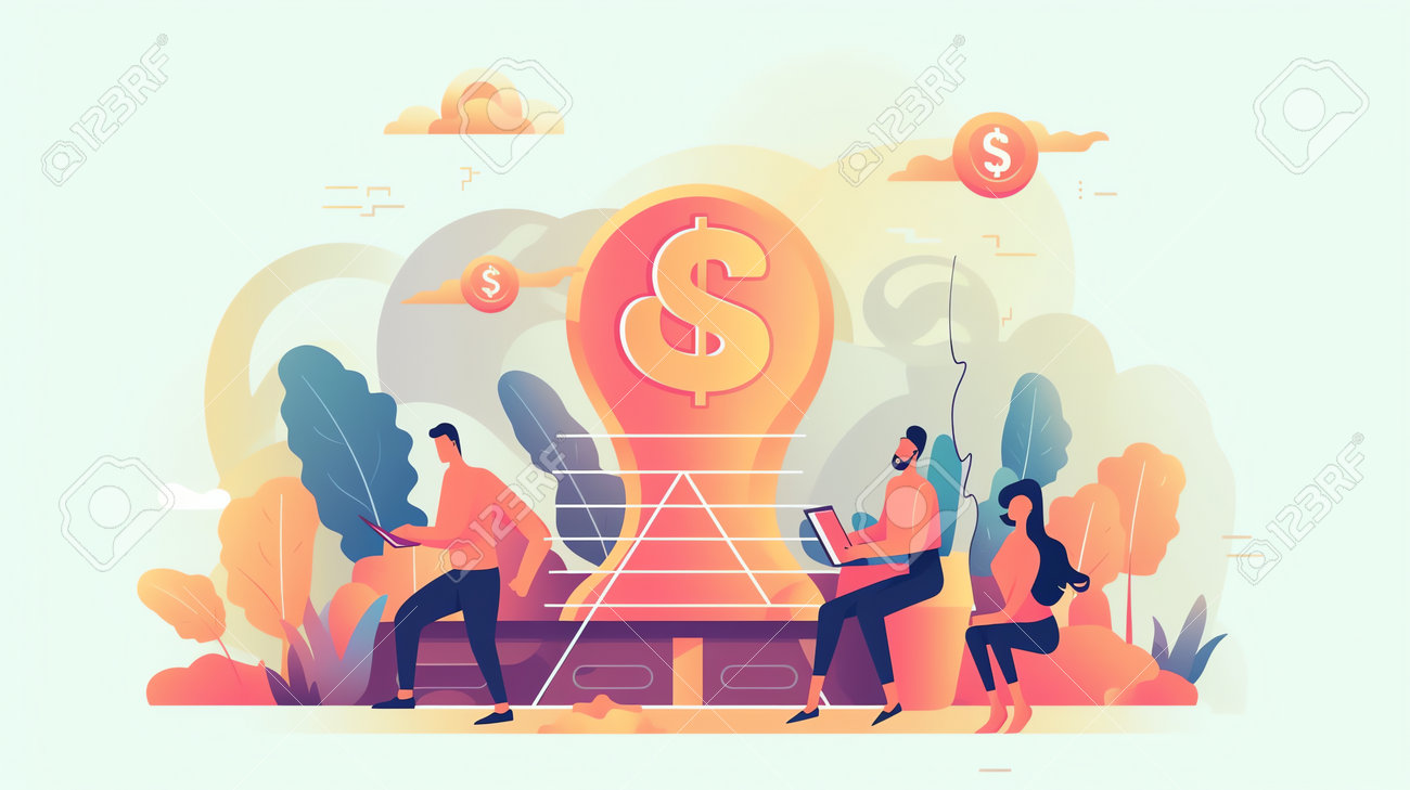 생성적 AI 녹색 CO2 세금 랜딩 페이지 템플릿입니다. 거대한 동전 더미에 있는 작은 캐릭터들과 새싹이 자라고 공장 파이프에서 연기가  납니다. 자연오염에 대한 과세. 만화 사람들 벡터 일러스트 레이 션 로열티 무료 사진,