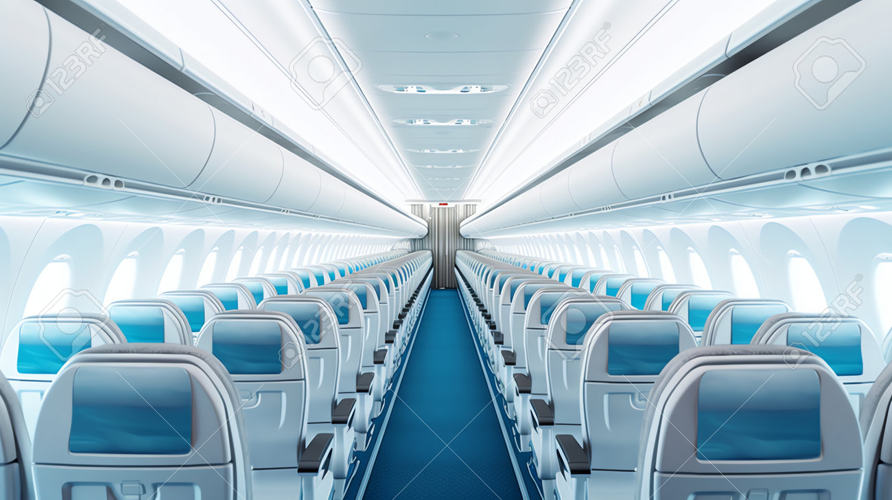 飛行機内のエコノミークラスの空の快適な座席を持つ飛行機の