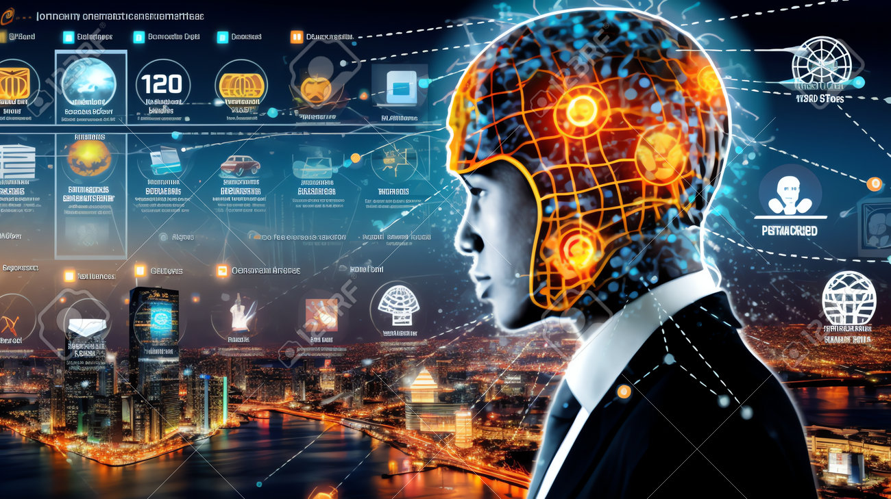 Generative AI BI Business Intelligence AI Knstliche Intelligenz  Maschinelles Lernen Digitales Marketingstrategiekonzept Geschftsmann  Arbeitet Am Virtuellen Bildschirm Mit Gehirn Und Gedruckt Lizenzfreie  Fotos, Bilder und Stock Fotografie. Image ...