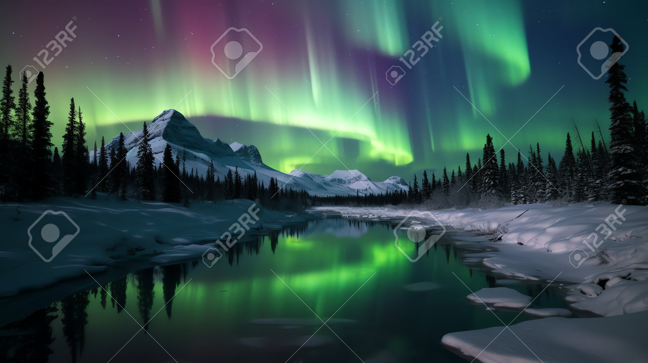 デナリ、マッキンレー山の上空に出た、赤いオーロラのイメージ滅多に見